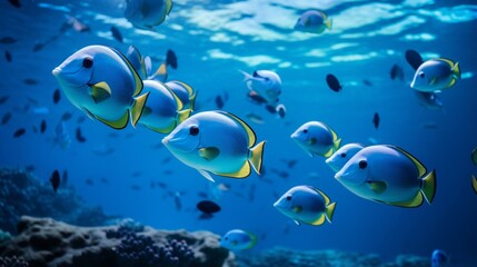 Obraz na płótnie Canvas A group of Powder Blue Surgeonfish swimming together