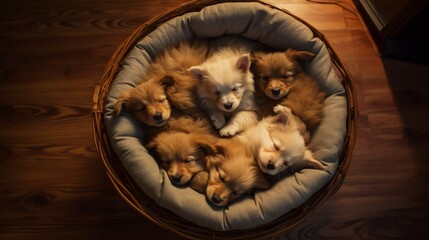 Obraz premium A high-angle shot captures the cute puppies enjoying a nap in their pet bed on the hardwood floor in their home