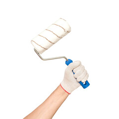Male hand in a white glove holds a fluffy clean paint roller on a transparent background