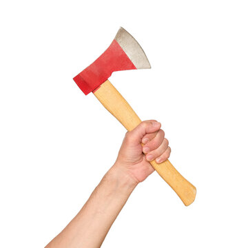 Male hand holding an axe with wooden handle on a transparent background