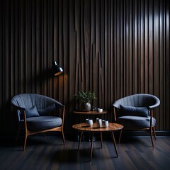 Step into a mid-century modern dream with this stunning living room design. Two sleek wooden chairs sit perfectly against a wood paneling wall of modern living room