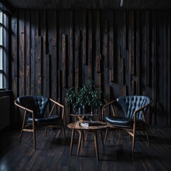 Fototapeta na wymiar Step into a mid-century modern dream with this stunning living room design. Two sleek wooden chairs sit perfectly against a wood paneling wall of modern living room