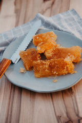 Fresh honey collected in an apiary in fields with sunflowers