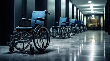 Fototapeta na wymiar Healthcare Essentials: Row of Ready Hospital Wheelchairs 
