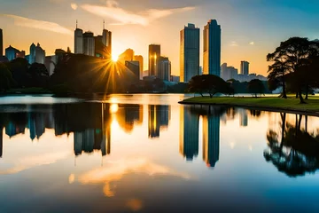 Photo sur Aluminium Aube Park Barigui in Curitiba at sunrise with lake reflection, Parana State, Brazil stock photo