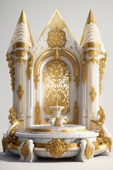 a room that exudes opulence and elegance. The dominant colors in the room are gold and white, which contribute to its luxurious ambiance. Gold, in particular, stands out as a prominent element