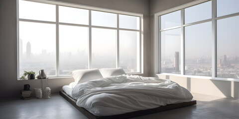 Home decor minimalist bedroom with a platform bed white l three generative AI