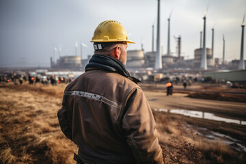 Fototapeta premium Back view of energy engineer on background of wind power station