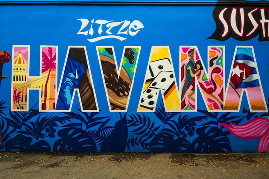 MIAMI CALLE OCHO LITTLE AVANA SEPTEMBER 2023 : art street graffiti in famous Calle Ocho (SW 8th Street) cuban district	