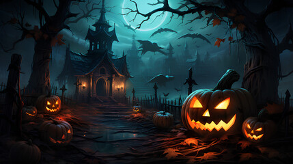 Halloween pumpkin head jack lantern with burning candles, Spooky Forest with a full moon and wooden table, Pumpkins In Graveyard In The Spooky Night - Halloween Backdrop.