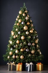Christmas tree decorated with baubles isolated on black. Xmas fir tree decoration balls