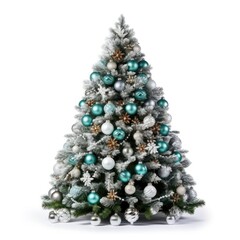 Christmas tree decorated with baubles isolated on white. Xmas fir tree decoration balls