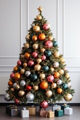 Christmas fir tree decorated with baubles. Xmas decoration balls, home interior