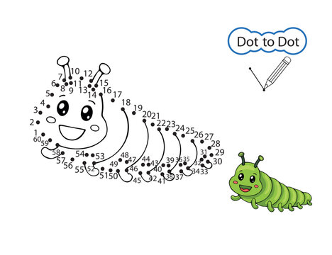 Kids art game of Dot to dot. Children activity education worksheet. Finish drawing image of cute caterpillar. Children drawn riddle by numbers. Vector illustration.
