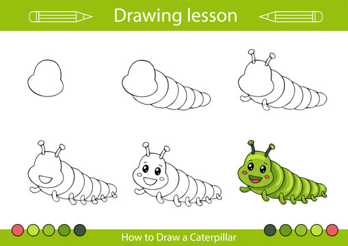 Drawing tutorial kids art lesson. How to draw insect. Kids activity page. Children education step by step worksheet. Vector illustration of caterpillar.