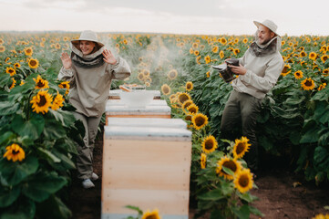 Young beekeepers work with bees in the apiary and eat honey.A young family of beekeepers collects...