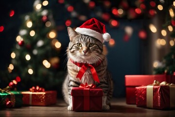 Whiskers and Wonders: Cozy Cat in Santa Hat Amidst Christmas Gifts