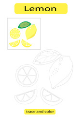 Lemon, yellow fruit color, children's learning development, dotted line tracing vector EPS10