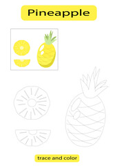 Pineapple, yellow fruit color, children's learning development, dotted line tracing vector EPS10