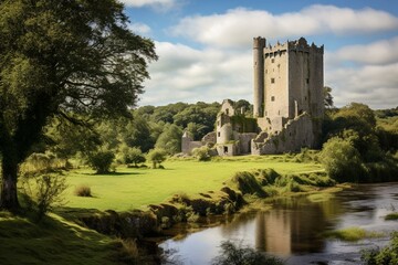 Historic stronghold in Co. Cork, Ireland famous for Blarney Stone, granting fluency to those who smooch it. Generative AI