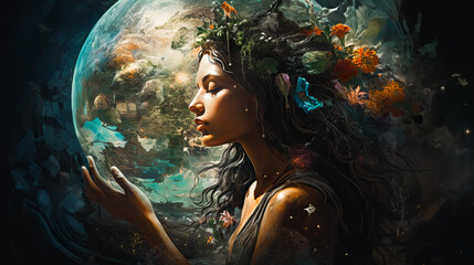 Spiritual Connection: Woman Linked to Mother Earth (Gaia) Embracing Universe's Power, Nature's Wisdom Harmony with the Cosmos  - obrazy, fototapety, plakaty