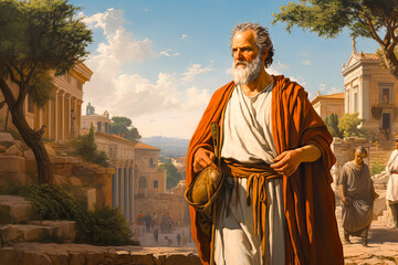 Philosophical Reverie Oil Painting of an Ancient Aristotle's Scholarly Stroll, Philosopher from the Era of Aristotle - obrazy, fototapety, plakaty