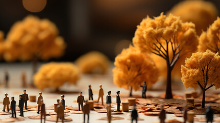 Miniature people walking through an autumn forest.
