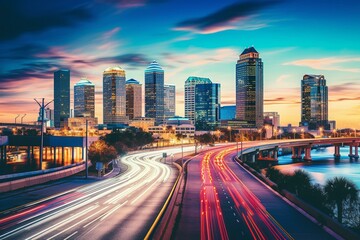 Urban view of Tampa, Florida, showcasing the city skyline, freeway, and riverwalk. Generative AI - obrazy, fototapety, plakaty