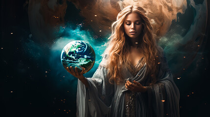 Quest for Knowledge Ancient Woman Yearning to Grasp the Universe while holding Earth Globe, Ancient Pursuit of Wisdom Pondering the Cosmos