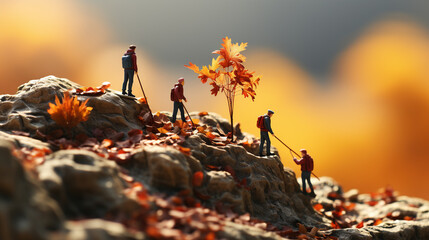 Miniature people climbing to the top of a mountain in the fall.