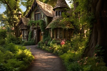 Fototapeta na wymiar Enchanting house along the pathway. Generative AI