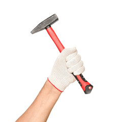 Male hand  in a white glove holding a hammer with a red handle on a transparent background