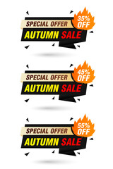 Special offer autumn sale, black origami labels set. Sale 35%, 45%, 55% off discount