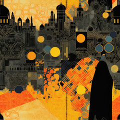 Islam art collage cartoon, Muslim woman wearing Hijab repeat pattern