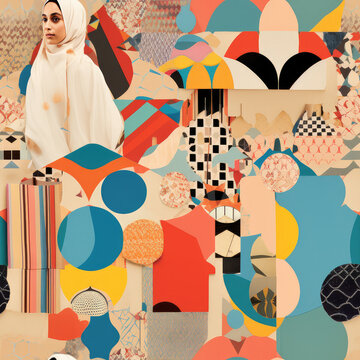 Islam art collage cartoon, Muslim woman wearing Hijab repeat pattern