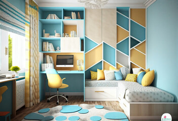 The interior of a stylish children's room in bright contrasting colors. AI generated
