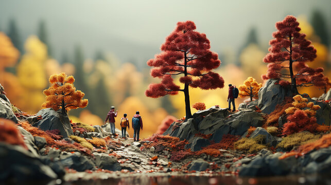 Miniature people climbing to the top of a mountain in the fall.