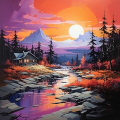 Colorful sunset scene with cottage on a mountain background in oil painting style