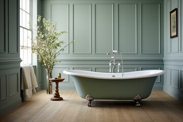 A serene bathroom with an old-fashioned freestanding bathtub. Generative AI