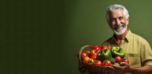 Smiling Old man farmer holding basket with autumn harvest vegetables, green background