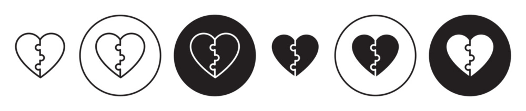 Love puzzle vector icon set. love heart matching pieces symbol in black color.