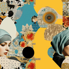 Islam art collage cartoon, Muslim woman wearing Hijab repeat pattern