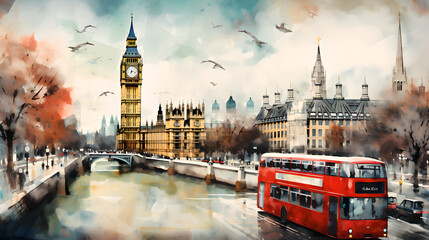 watercolor london city best city on the world - Ai generated - obrazy, fototapety, plakaty