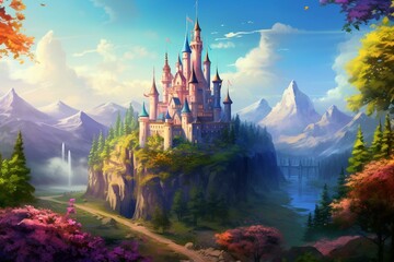 A magical castle city in a fairy land, with a majestic fortress. Perfect for children's books, stories, illustrations, and fairy tales. Generative AI - obrazy, fototapety, plakaty