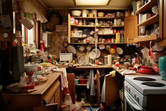 kitchen cluttered by compulsive hoarding syndrome. Generative AI