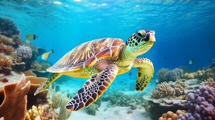 Fototapeta na wymiar Wonderful Submerged Postcard Maldivian Ocean Turtle Coasting Up And Over Coral reef Loggerhead in wild nature living space