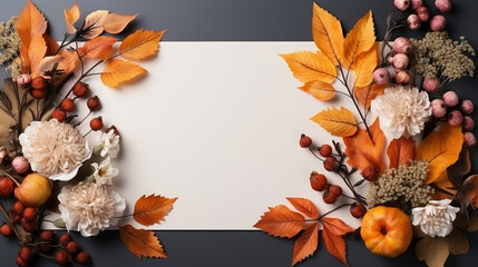 Fototapeta premium Autumn leaves and wooden floor, top view. Background with margins. Copyspace background.