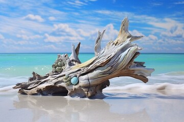Artistic pastel painting on a driftwood found at Longboat Key beach in Florida. Generative AI - obrazy, fototapety, plakaty