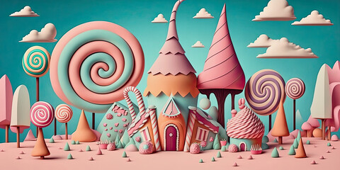 cute pastel colored candyland with lollipops and a small house