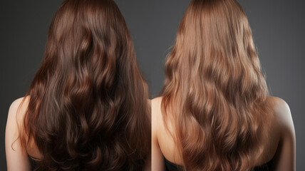 3D rendering of Before and After Nourish hair of shampoo or serum. Repair damaged hair.